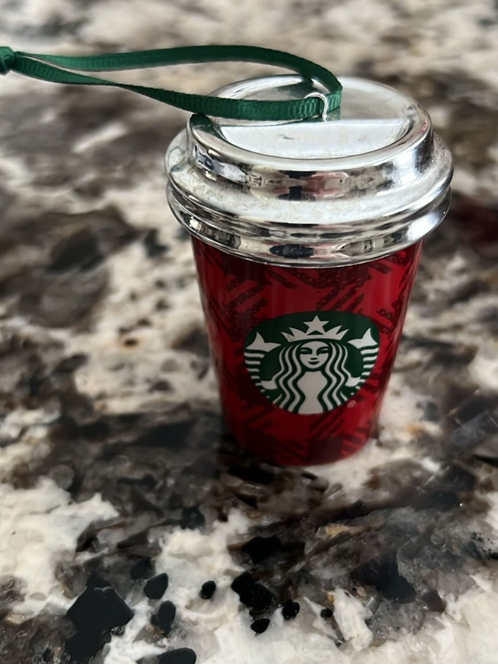 Starbucks Red Cup Ornament with Green Logo and Silver Lid